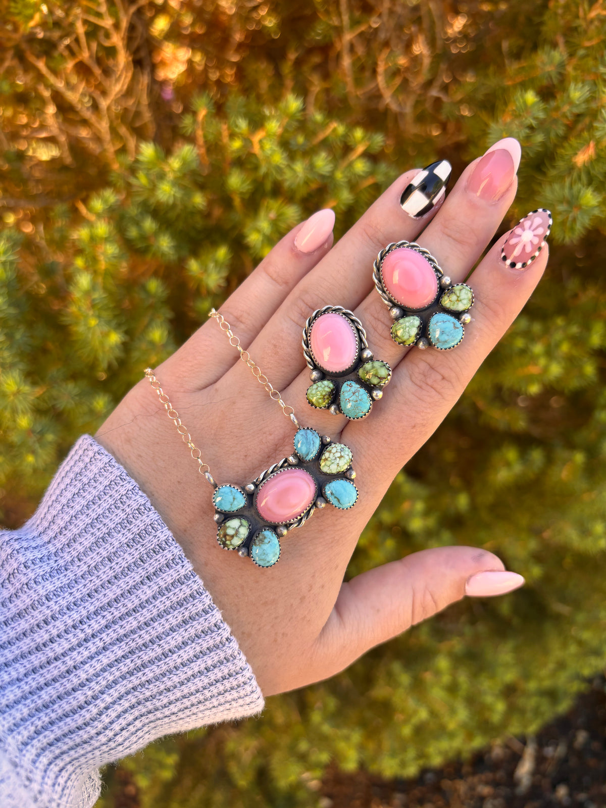 Pink Conch & Turquoise Cluster Necklace