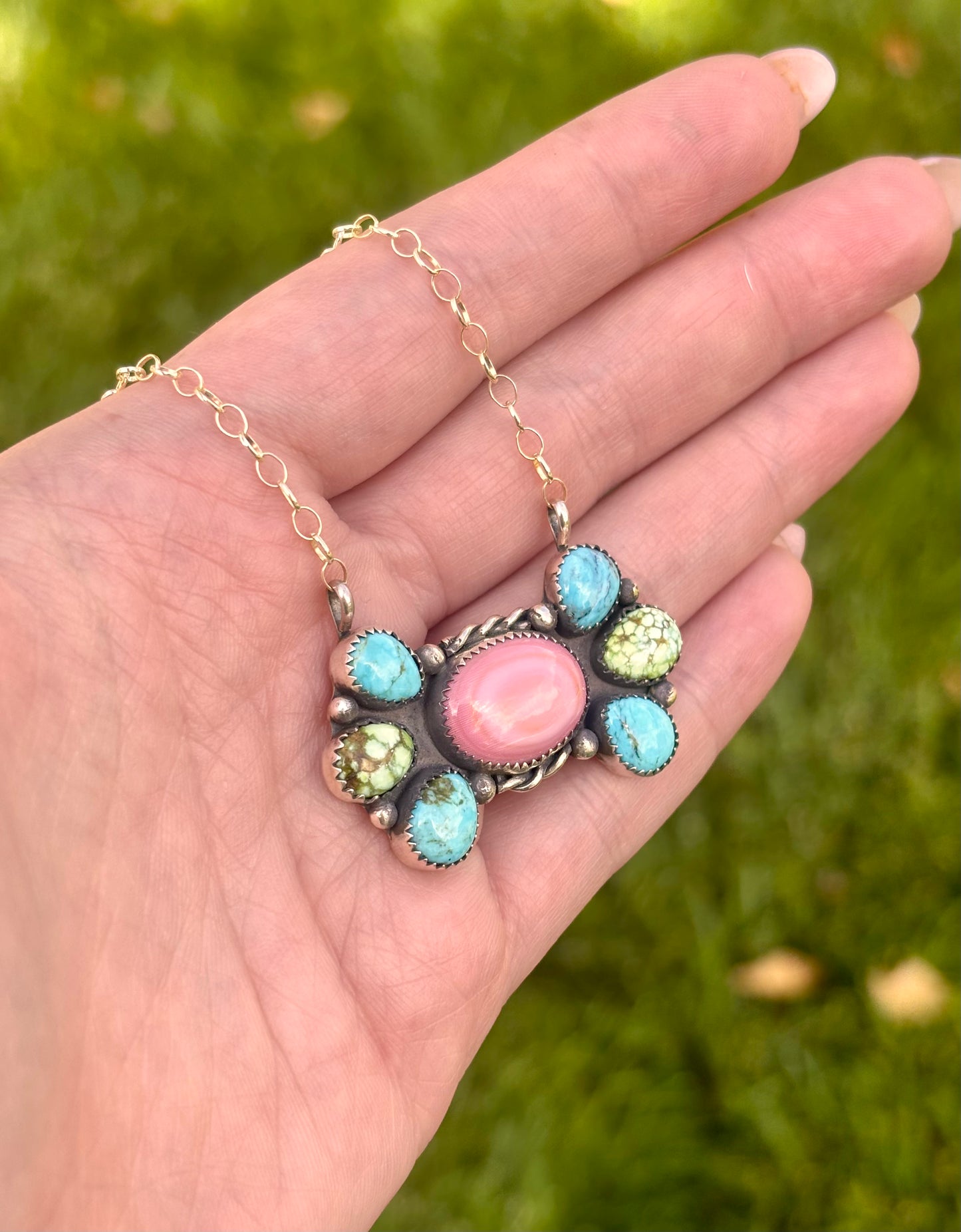 Pink Conch & Turquoise Cluster Necklace